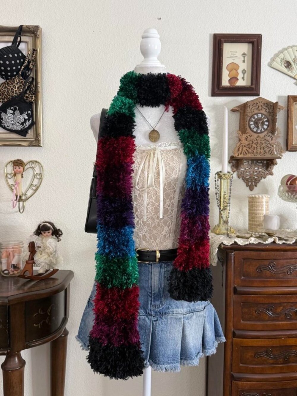 Y2k girly grunge twee whimsical multicolored fuzzy scarf